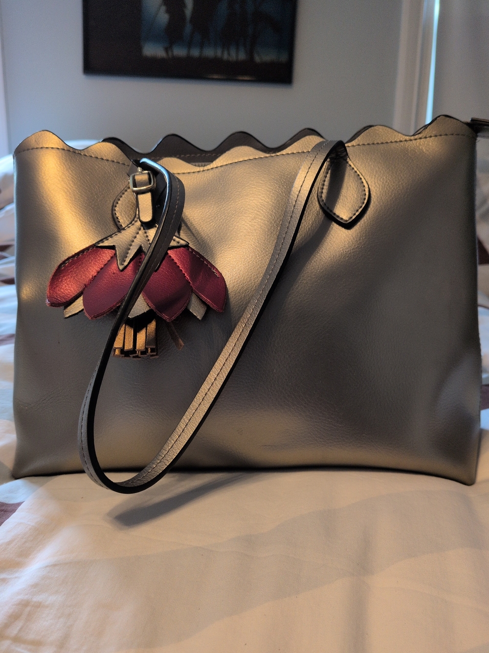 Women's Gray Leather Tote Bag with Burgundy Flower Charm